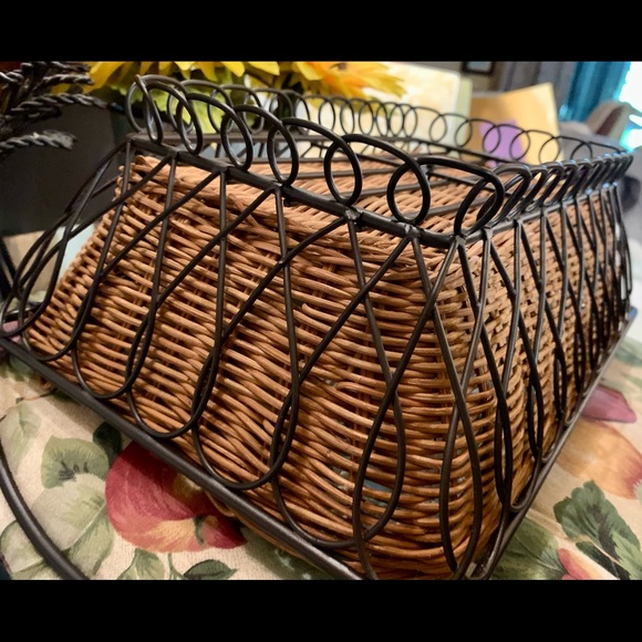 Vintage Hand Woven Reed Basket W/ Black Wrought Iron Stand. Rectangular - Picture 11 of 14